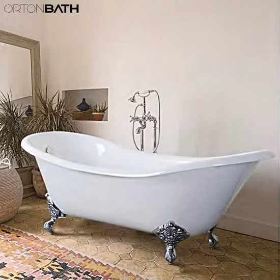 Ortonbath Rolled Rim White Pedestal Soaking Freestanding Cast Iron White Enameled Handmade Bathroom Tub Bathtub Without Faucet Mixer