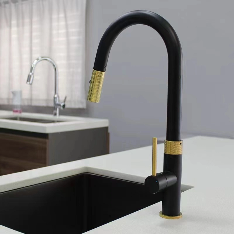 North American Design Styles Luxury Matt Black and Gold Finish Spray Mixer Single Lever Handle Kitchen Sink Faucet